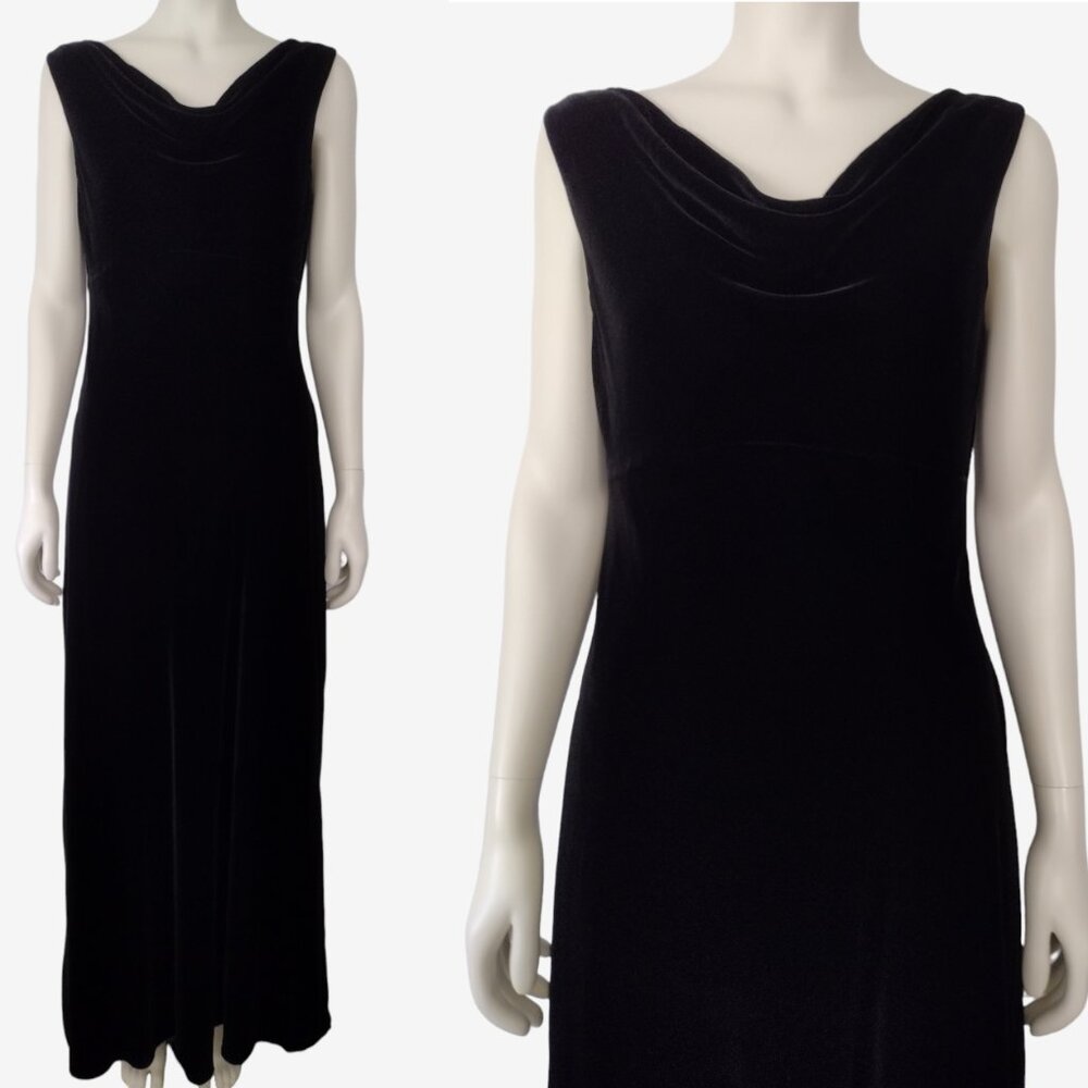 Vintage Valerie Stevens Black Velvet Bias Cut Rayon Silk Cowl Neck Gown